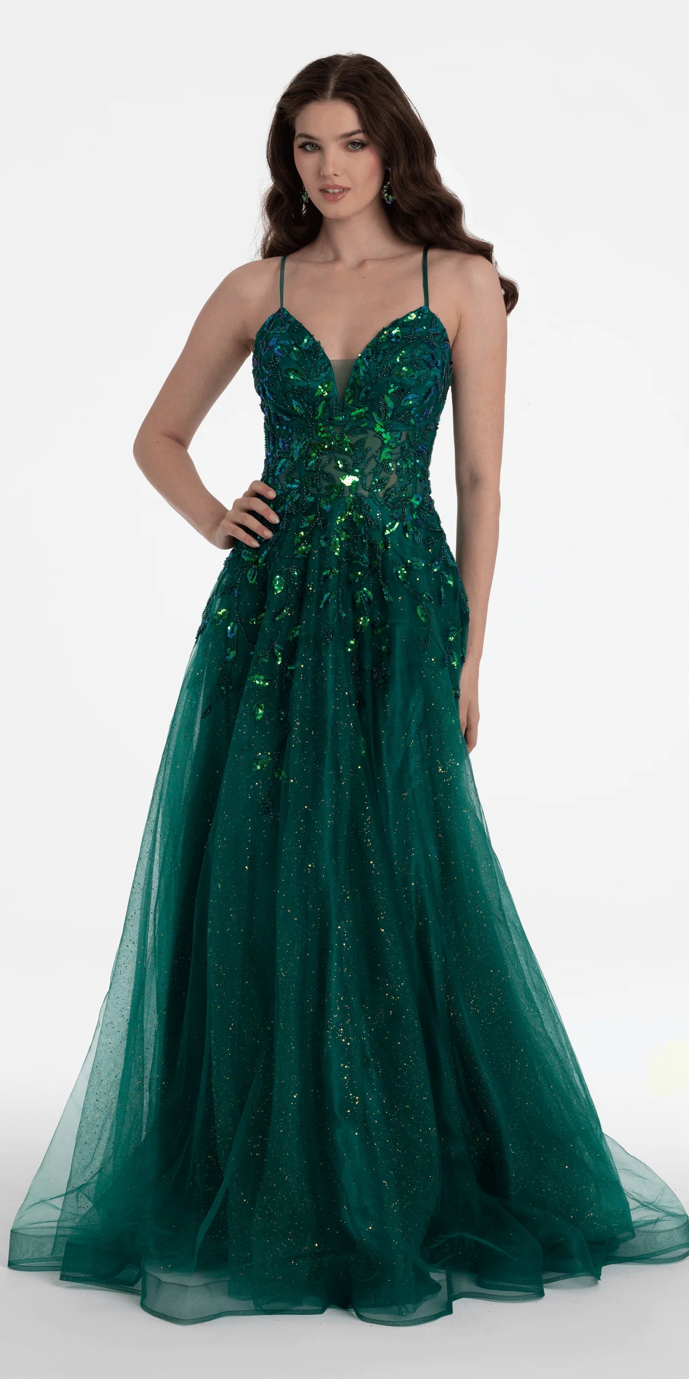 Spaghetti Strap Sequin Leaf Embellished Tulle Evening Dresses with V-Neck and Sweeping Train