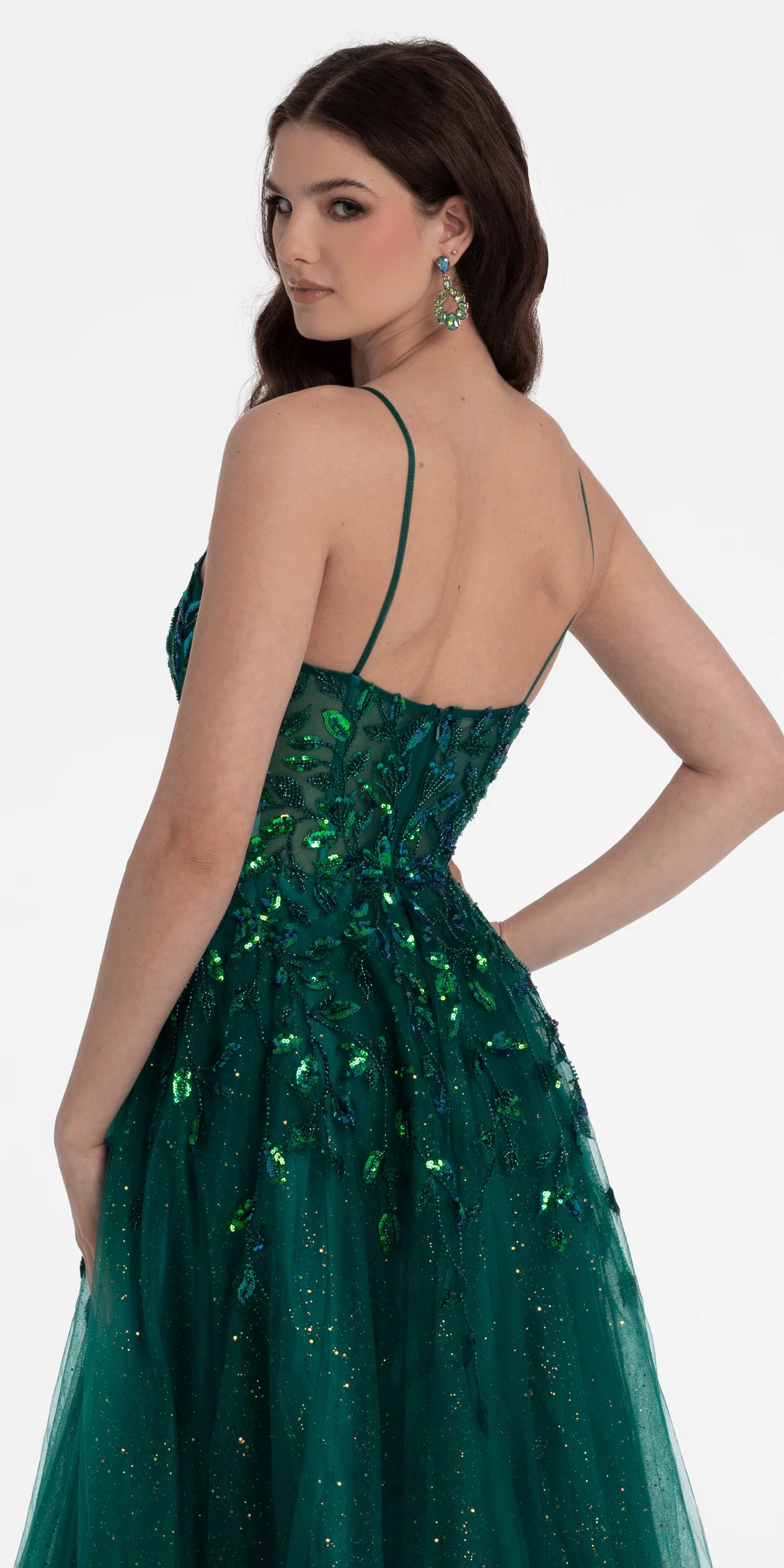 Spaghetti Strap Sequin Leaf Embellished Tulle Evening Dresses with V-Neck and Sweeping Train