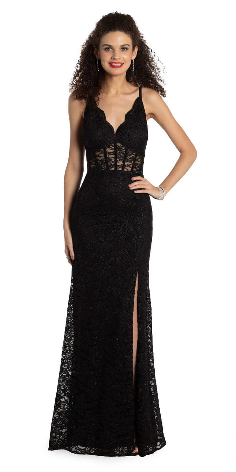 Spaghetti Strap Sheer Corset Waist Lace Mermaid Evening Dresses with High Slit and Back Zipper