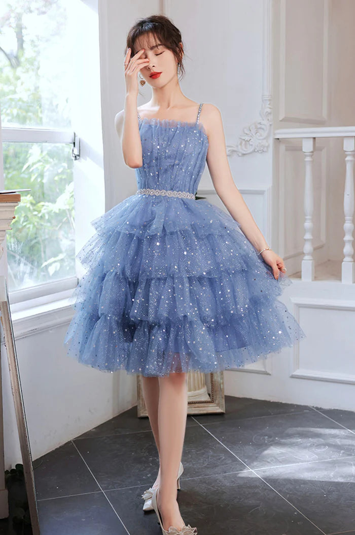 Spaghetti Strap Tulle Short Prom Dress, Cute Blue Homecoming Party Dress