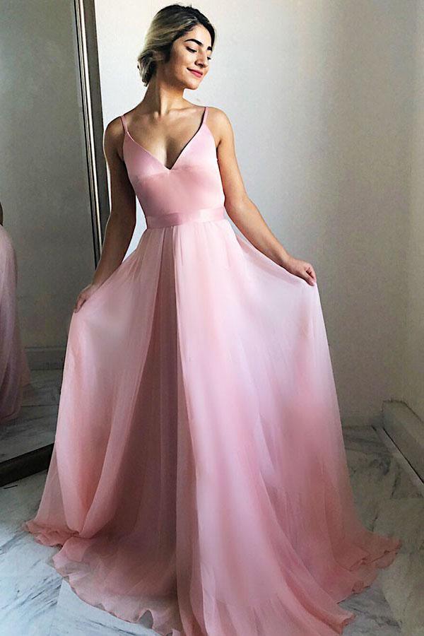 Spaghetti Strap V-Neck Deep V-Back Satin Tulle A-Line Floor Length Formal Prom Dress