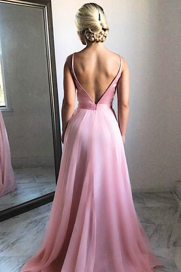 Spaghetti Strap V-Neck Deep V-Back Satin Tulle A-Line Floor Length Formal Prom Dress
