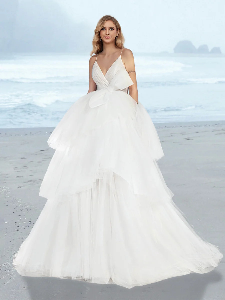 Spaghetti Strap V Neck Tulle Wedding Dress with Bow Decor Tiered Ruffle Sweep Train Bridal Gown
