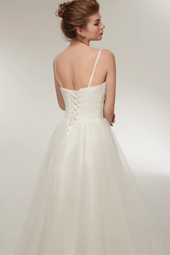 Spaghetti Strap Wedding Dresses with V-Neck, High-Low Tulle Skirt and Lace-Up Back Bridal Gown
