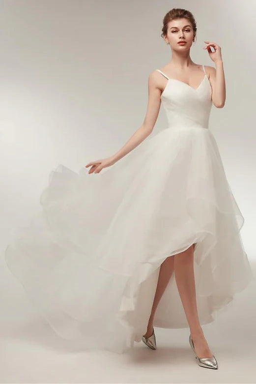 Spaghetti Strap Wedding Dresses with V-Neck, High-Low Tulle Skirt and Lace-Up Back Bridal Gown
