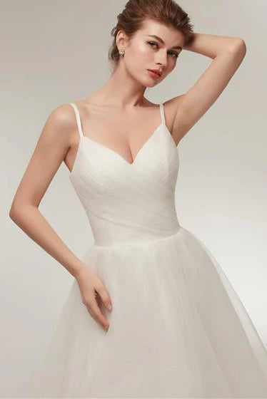 Spaghetti Strap Wedding Dresses with V-Neck, High-Low Tulle Skirt and Lace-Up Back Bridal Gown
