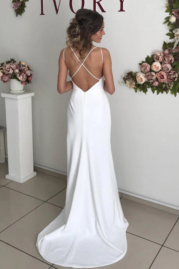 Spaghetti Strap Wedding Dresses with Wrap Bodice, High Slit and Crisscross Open Back Bridal Gown