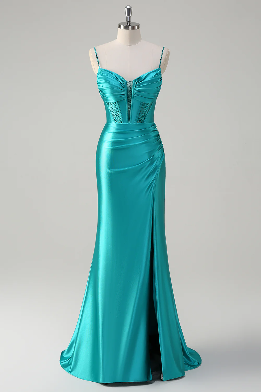 Spaghetti Straps Beaded Satin Mermaid Evening Gown with Slit