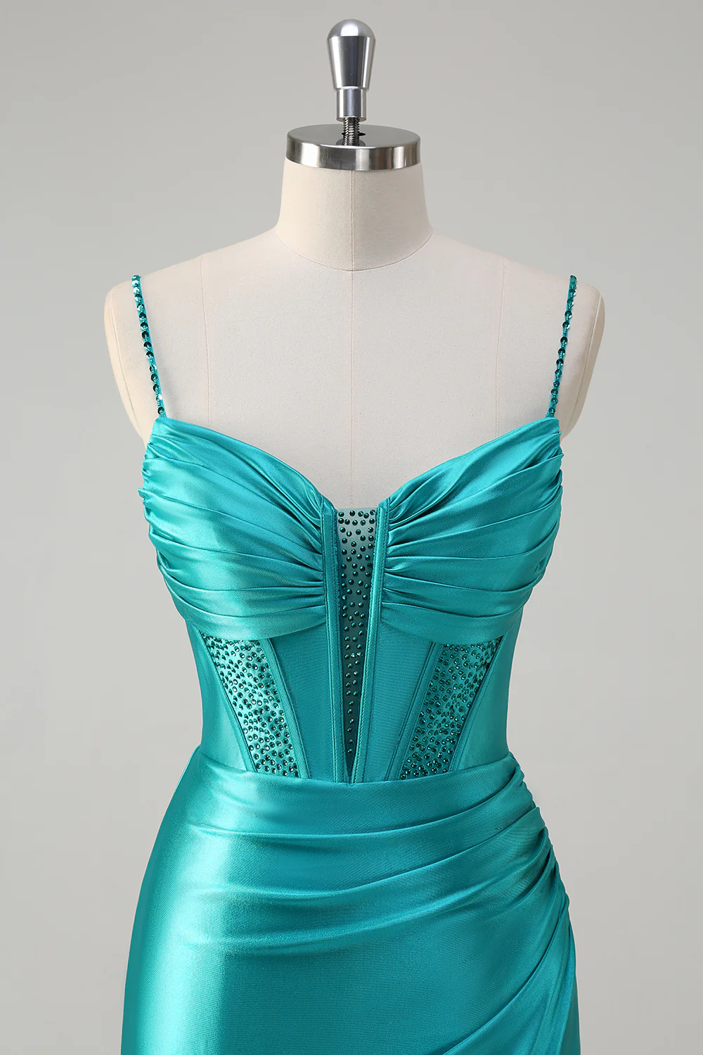 Spaghetti Straps Beaded Satin Mermaid Evening Gown with Slit