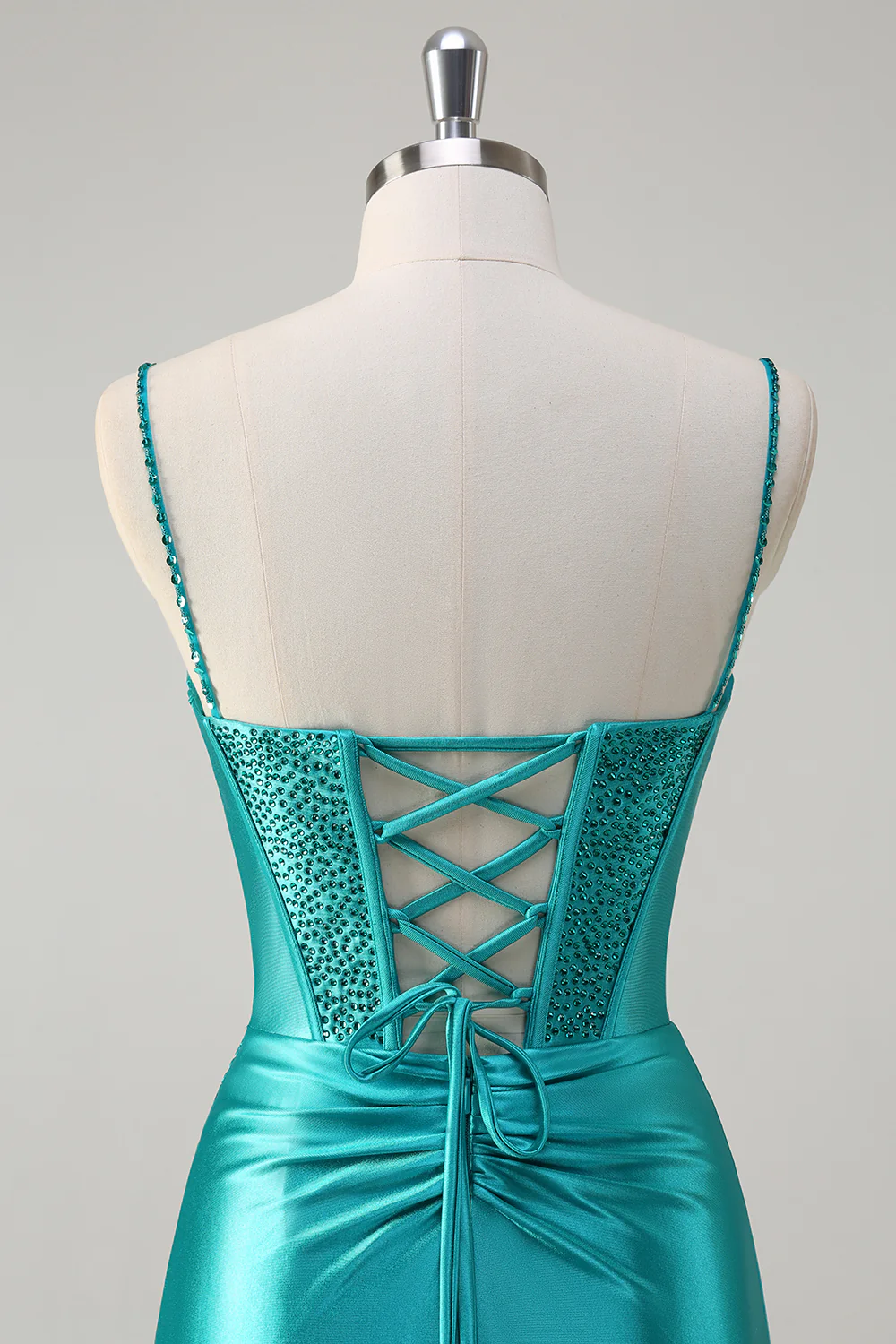 Spaghetti Straps Beaded Satin Mermaid Evening Gown with Slit