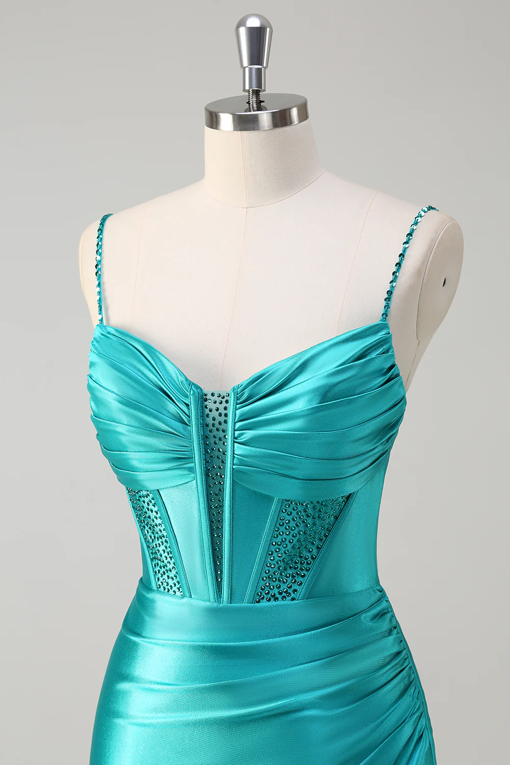 Spaghetti Straps Beaded Satin Mermaid Evening Gown with Slit