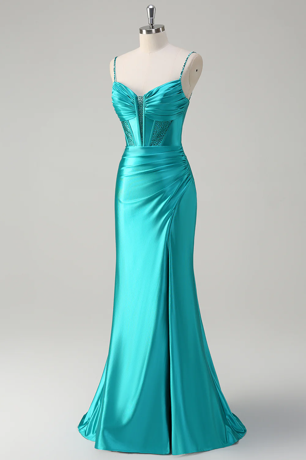 Spaghetti Straps Beaded Satin Mermaid Evening Gown with Slit
