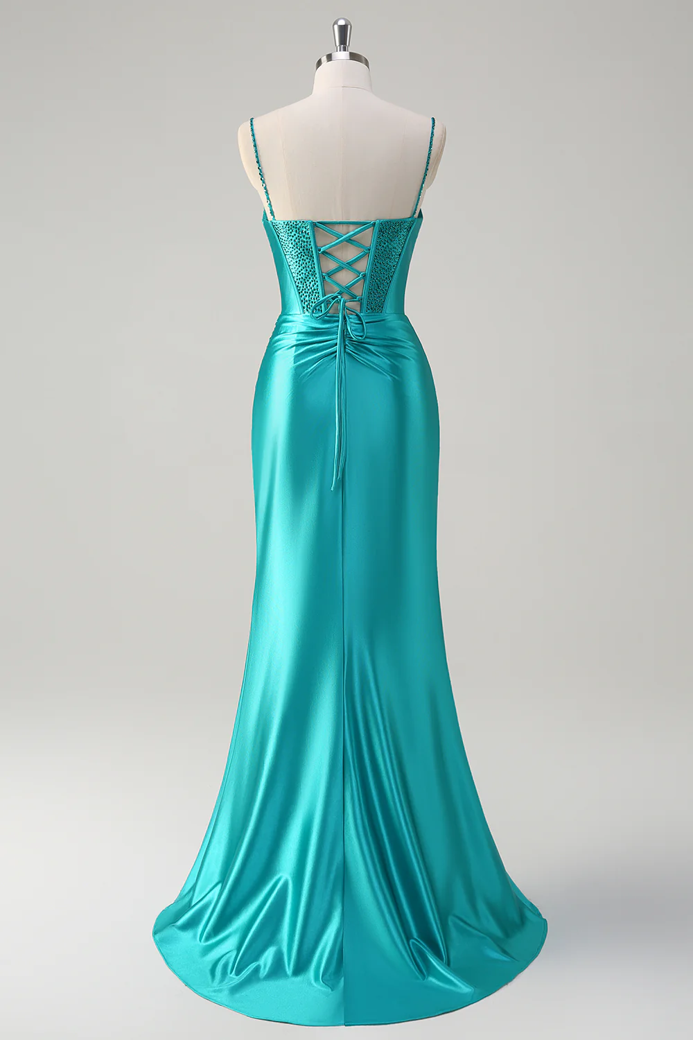 Spaghetti Straps Beaded Satin Mermaid Evening Gown with Slit