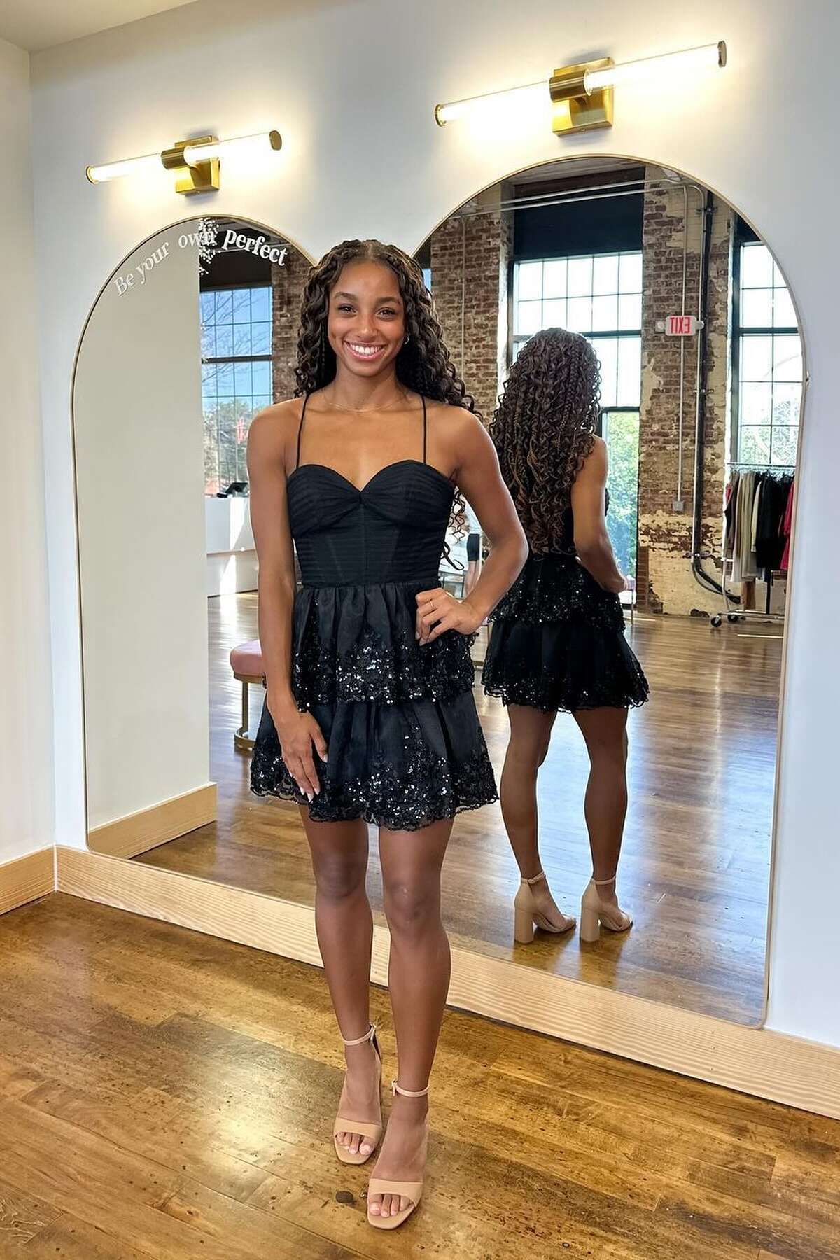 Spaghetti Straps Black Sequin Tiered Short Unique Design Full Of Charm Homecoming Dresses