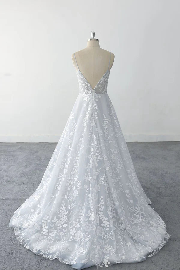 Spaghetti Straps Floral Lace Light Dusty Blue Tulle Wedding Dress