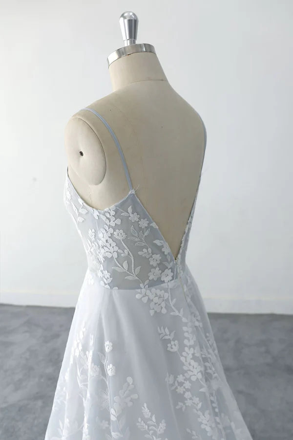 Spaghetti Straps Floral Lace Light Dusty Blue Tulle Wedding Dress
