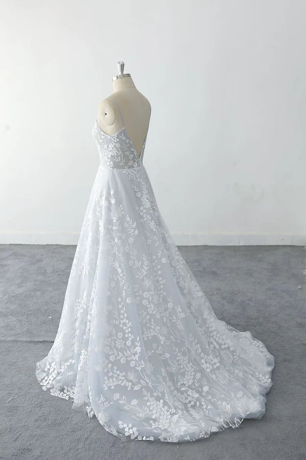 Spaghetti Straps Floral Lace Light Dusty Blue Tulle Wedding Dress