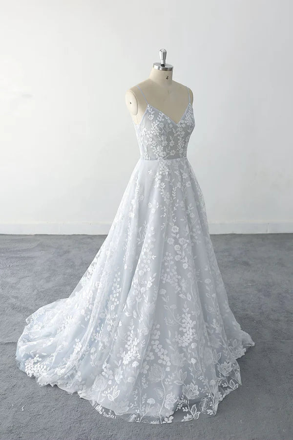 Spaghetti Straps Floral Lace Light Dusty Blue Tulle Wedding Dress