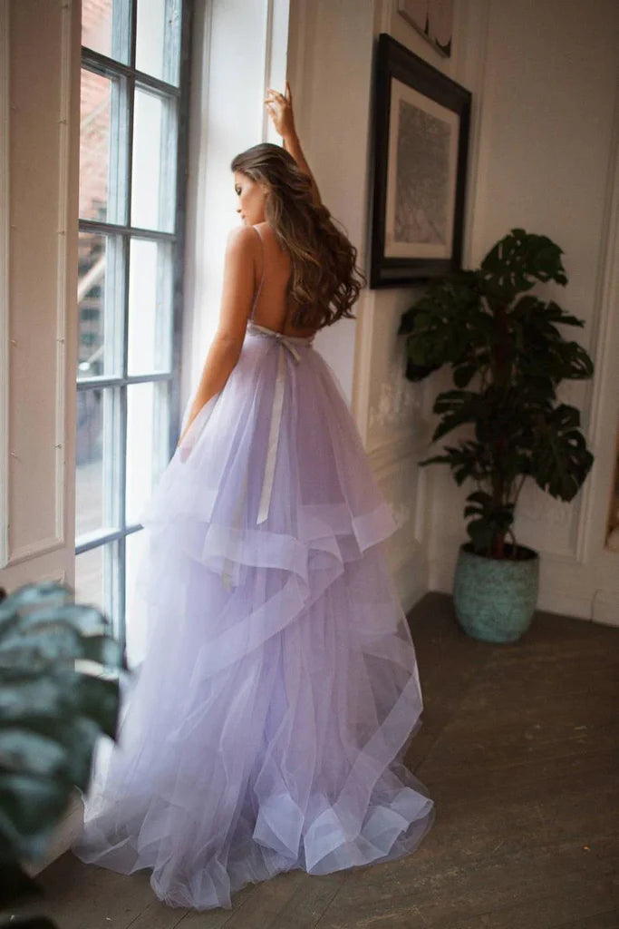 Spaghetti Straps Lavender Wedding Dress Backless Bridal Gown