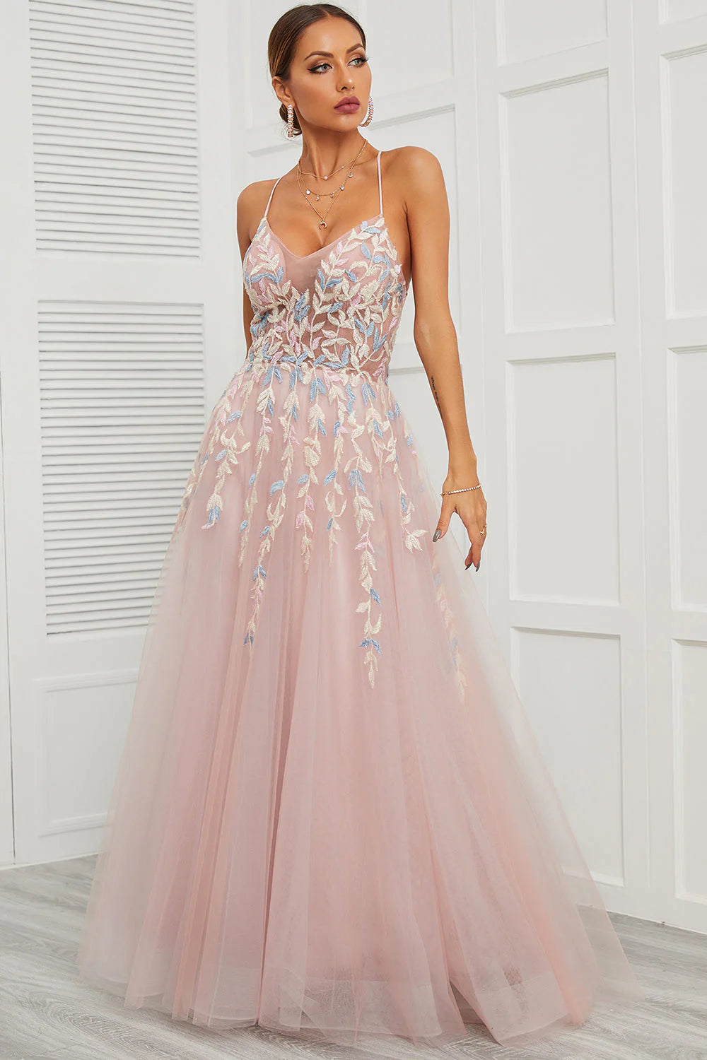 Spaghetti Straps Pink Tulle Full Of Charm Prom Dress