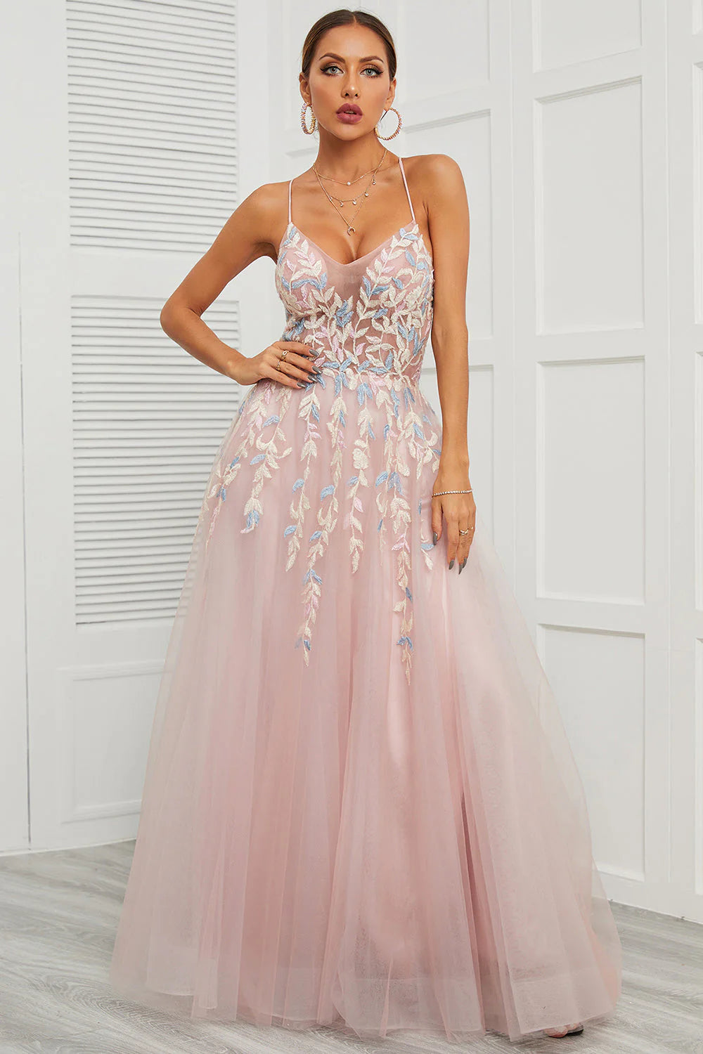 Spaghetti Straps Pink Tulle Full Of Charm Prom Dress