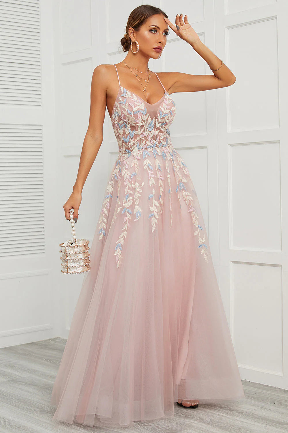 Spaghetti Straps Pink Tulle Full Of Charm Prom Dress