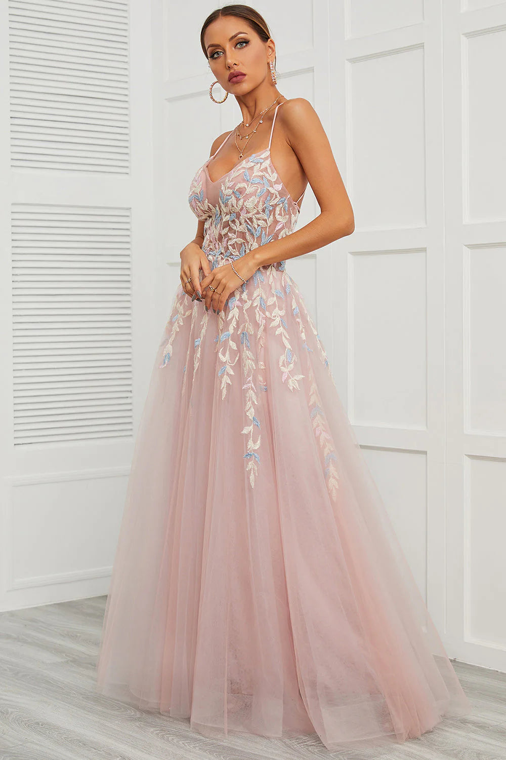 Spaghetti Straps Pink Tulle Full Of Charm Prom Dress