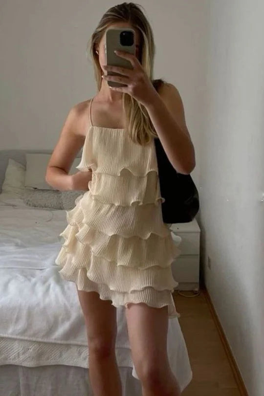 Spaghetti Straps Ruffles Pleated Sleeveless Mini Homecoming Party Dress