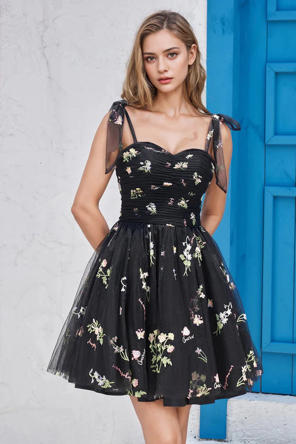 Spaghetti Straps Sleeveless Tulle Floral Homecoming Dress