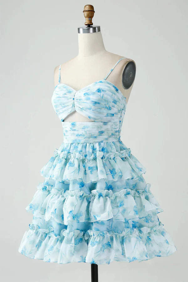 Spaghetti Straps Tiered Blue Floral Full Of Charm Homecoming Dress