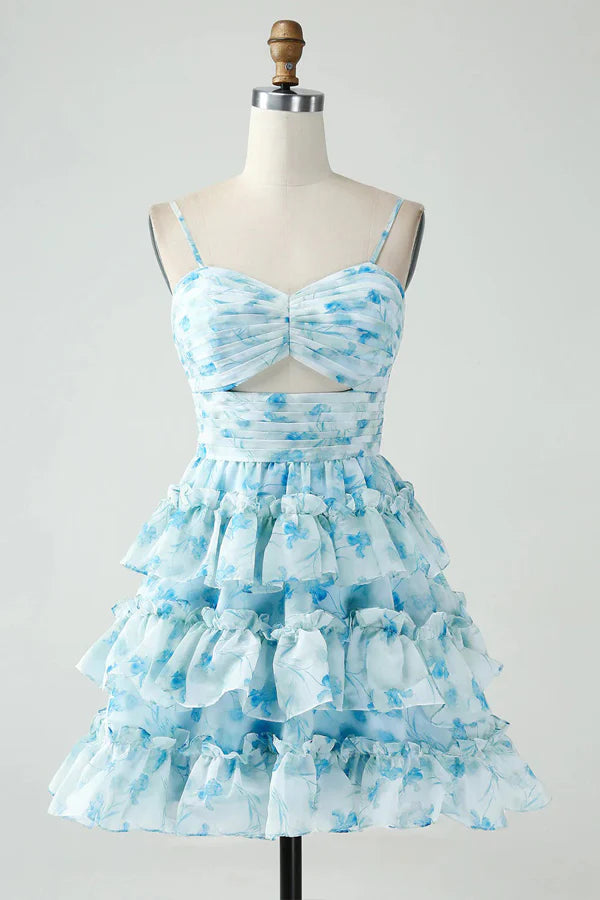 Spaghetti Straps Tiered Blue Floral Full Of Charm Homecoming Dress