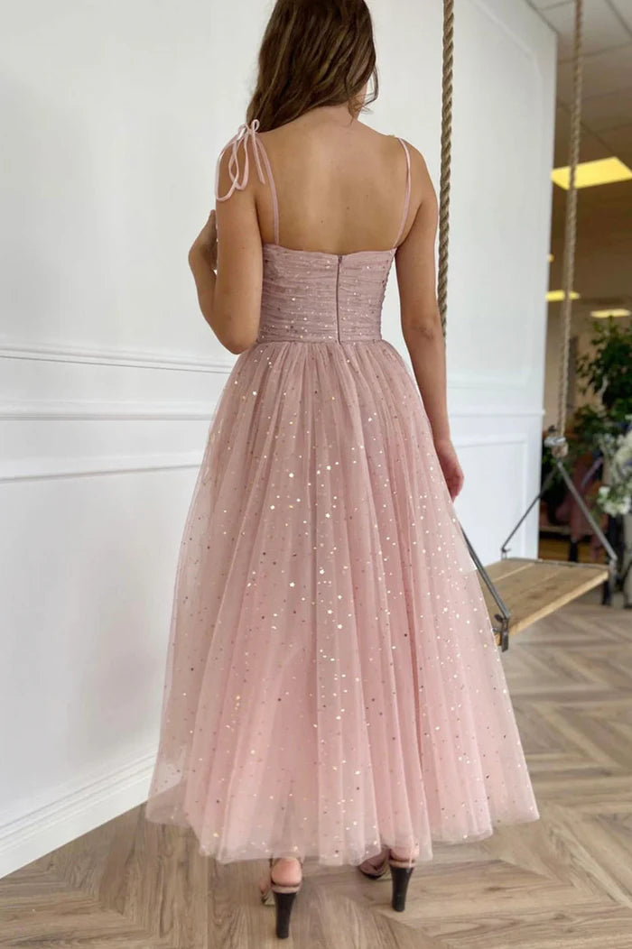 Spaghetti Straps Tulle Short Prom Dress, Pink A-Line Evening Party Dress