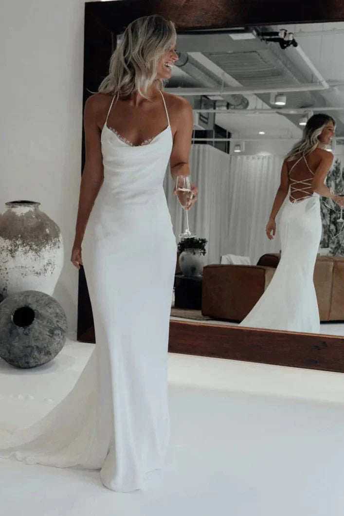 Spaghetti Strap Satin Wedding Dresses with Cowl Neck, Lace-Up Crisscross Back and Mermaid Silhouette Bridal Gown