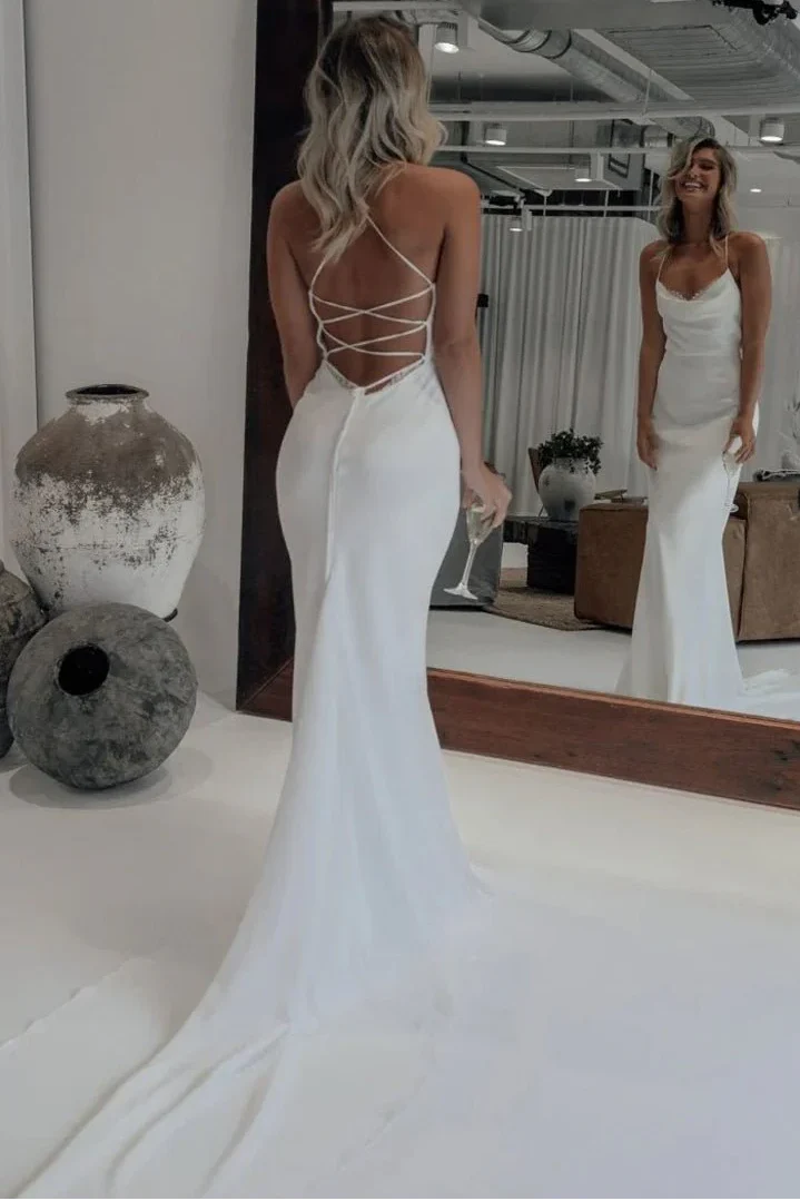 Spaghetti Strap Satin Wedding Dresses with Cowl Neck, Lace-Up Crisscross Back and Mermaid Silhouette Bridal Gown