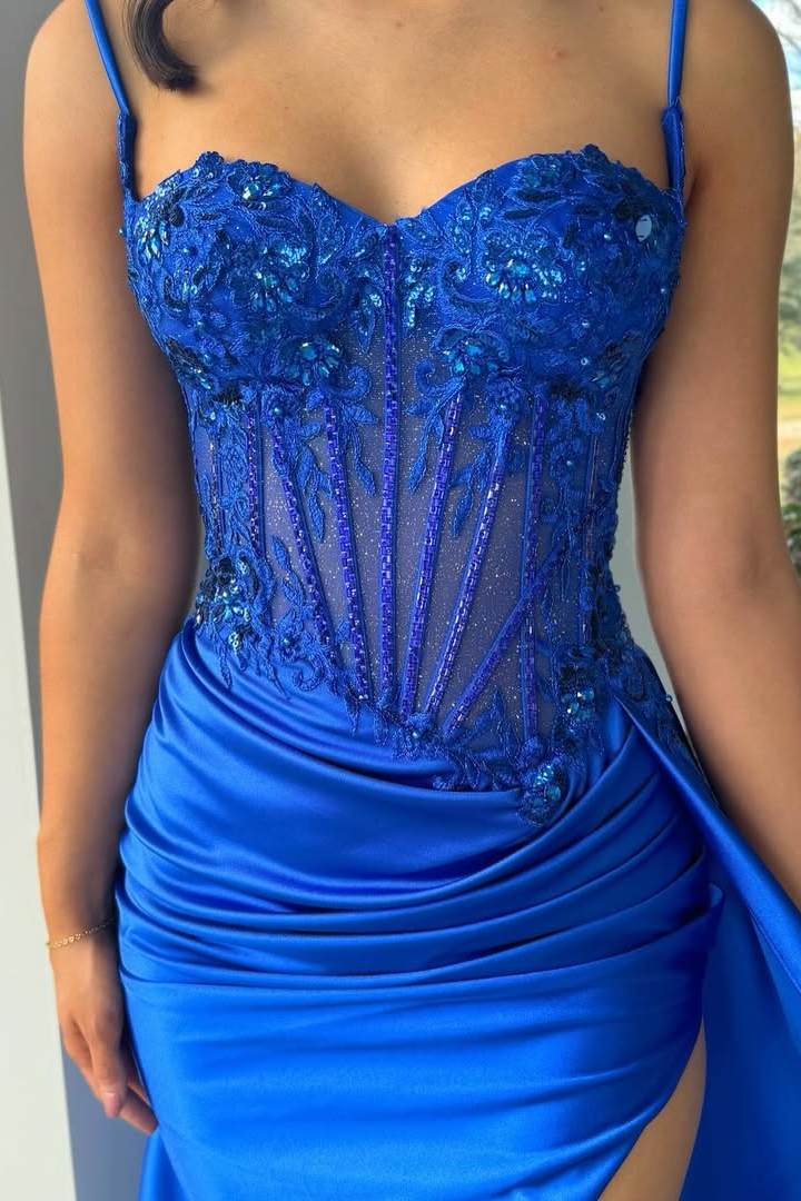 Spaghetti Straps Sweetheart Appliques Pleated Prom Dress with Side Slit