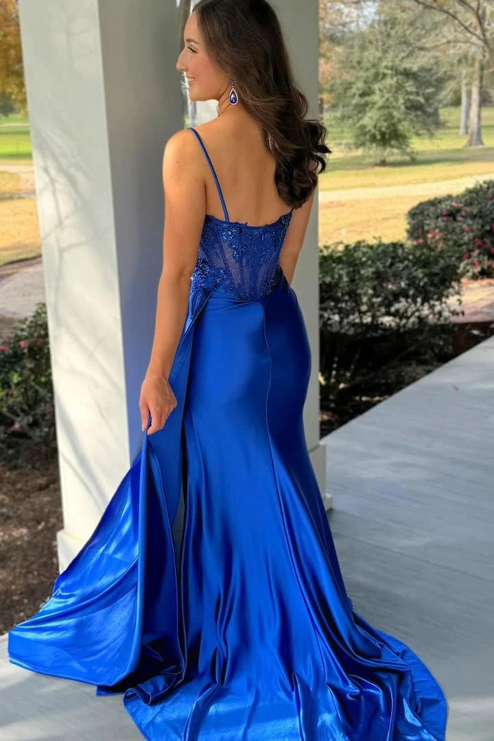 Spaghetti Straps Sweetheart Appliques Pleated Prom Dress with Side Slit