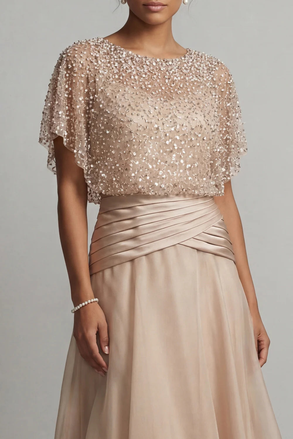 Sparkling A-line Evening Dress Round Neck Capelet Sleeves Ruched Waist Floor Length Mother of the Bride Dress