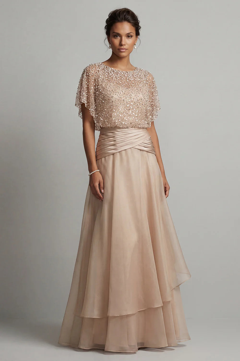Sparkling A-line Evening Dress Round Neck Capelet Sleeves Ruched Waist Floor Length Mother of the Bride Dress