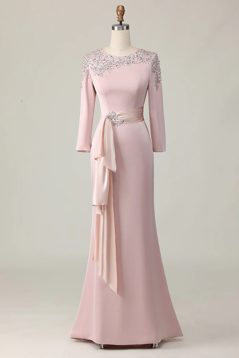 Sparkling Beaded Neckline Three-Quarter Sleeve Pleated Waist Mermaid Floor-Length Mother of the Bride Dress