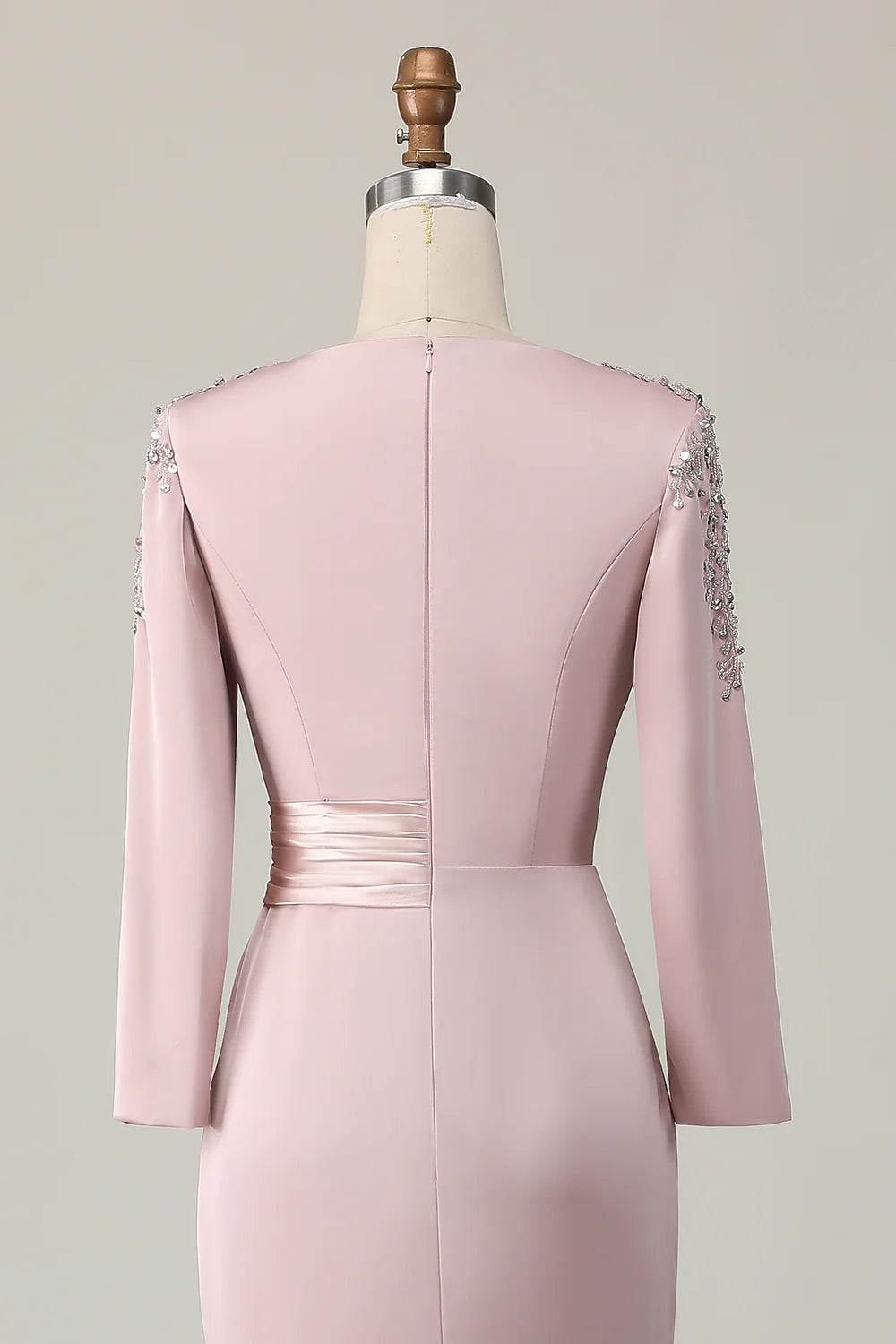 Sparkling Beaded Neckline Three-Quarter Sleeve Pleated Waist Mermaid Floor-Length Mother of the Bride Dress