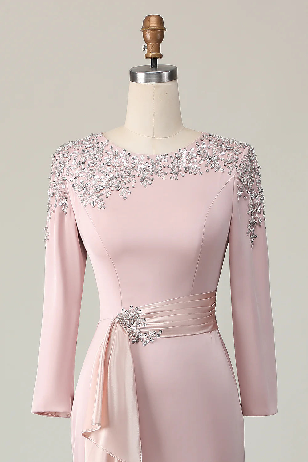 Sparkling Beaded Neckline Three-Quarter Sleeve Pleated Waist Mermaid Floor-Length Mother of the Bride Dress