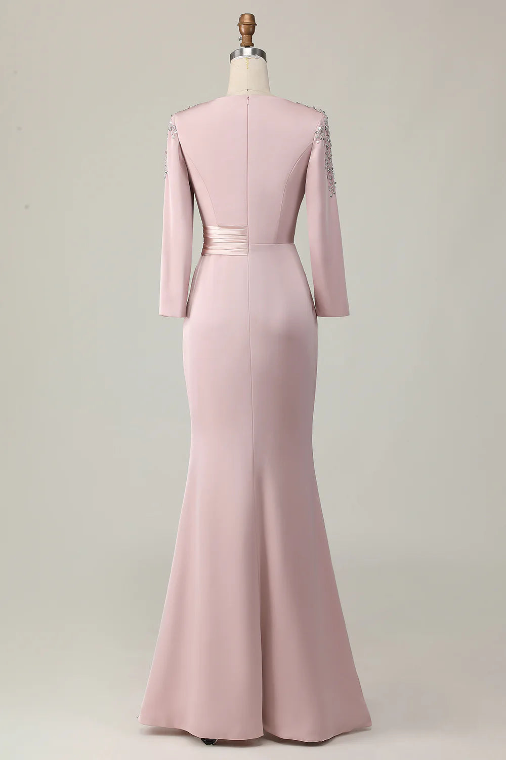 Sparkling Beaded Neckline Three-Quarter Sleeve Pleated Waist Mermaid Floor-Length Mother of the Bride Dress