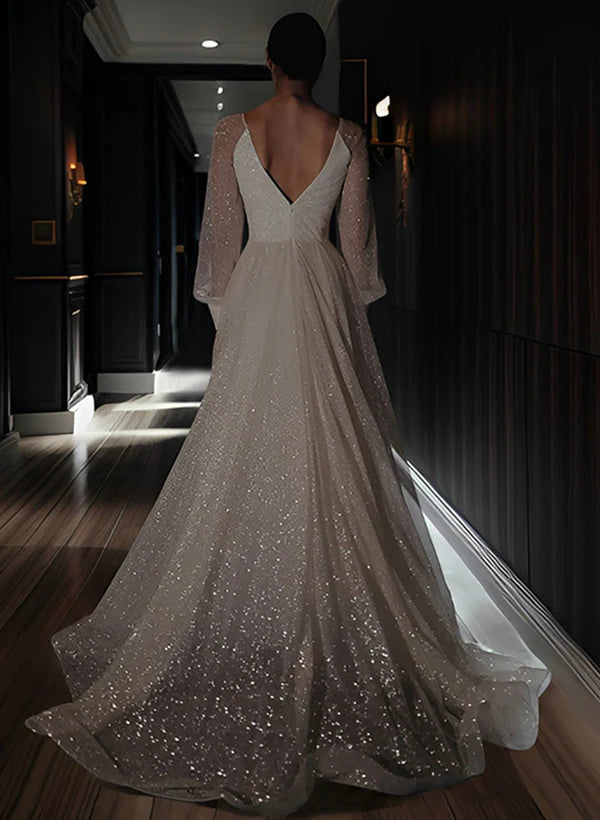 Sparkling Ivory Deep V-Neck Sheer Puff Sleeve High Slit A-Line Floor-Length Wedding Dress with Cathedral Train