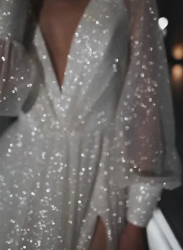 Sparkling Ivory Deep V-Neck Sheer Puff Sleeve High Slit A-Line Floor-Length Wedding Dress with Cathedral Train