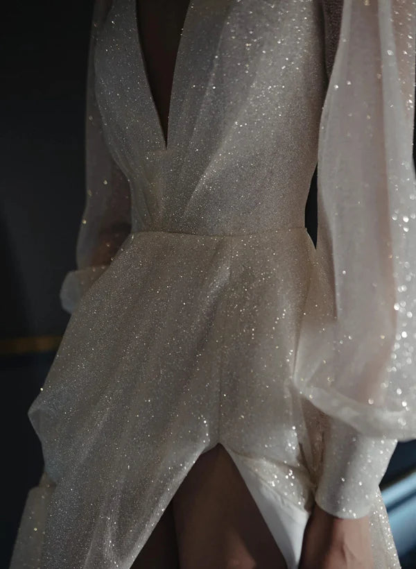Sparkling Ivory Deep V-Neck Sheer Puff Sleeve High Slit A-Line Floor-Length Wedding Dress with Cathedral Train