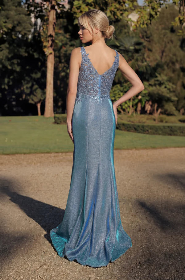 Sparkling Lace Applique Fitted VNeck Sleeveless High Slit Floor Length Mother of the Bride Dress
