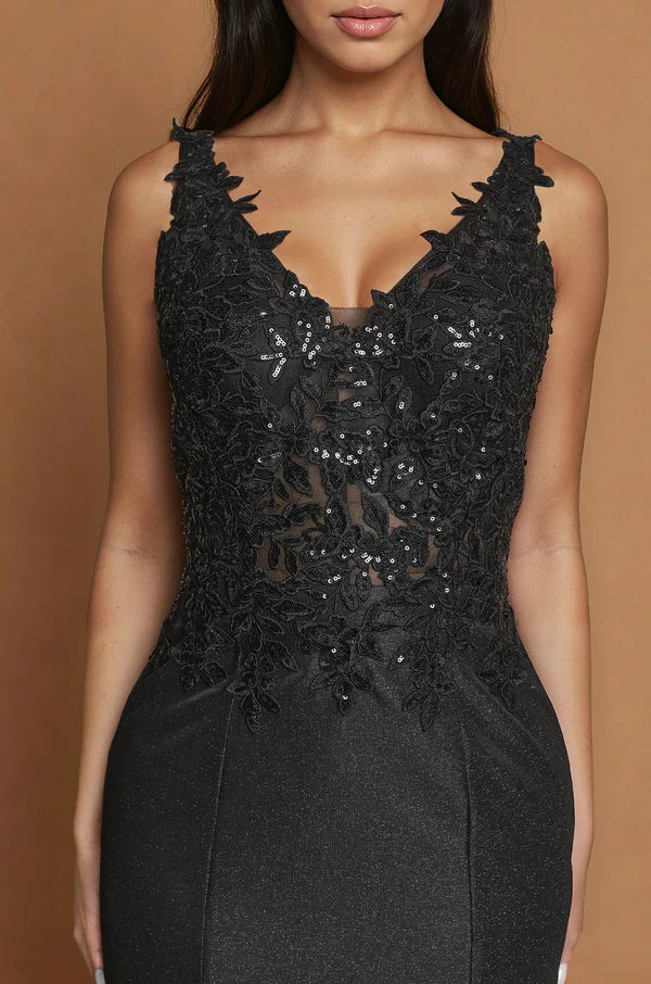 Sparkling Lace Applique Fitted VNeck Sleeveless High Slit Floor Length Mother of the Bride Dress