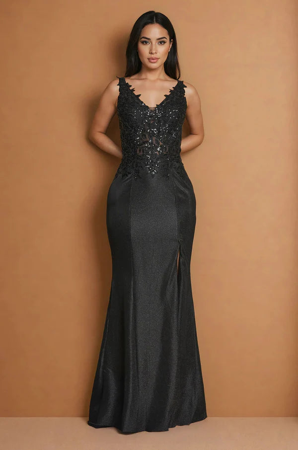 Sparkling Lace Applique Fitted VNeck Sleeveless High Slit Floor Length Mother of the Bride Dress