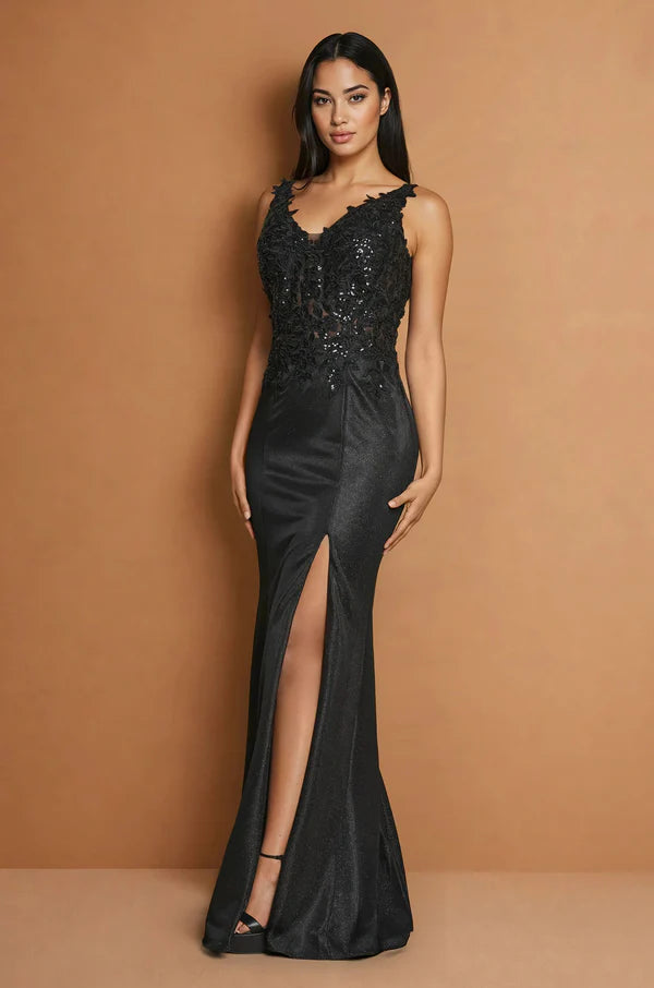 Sparkling Lace Applique Fitted VNeck Sleeveless High Slit Floor Length Mother of the Bride Dress