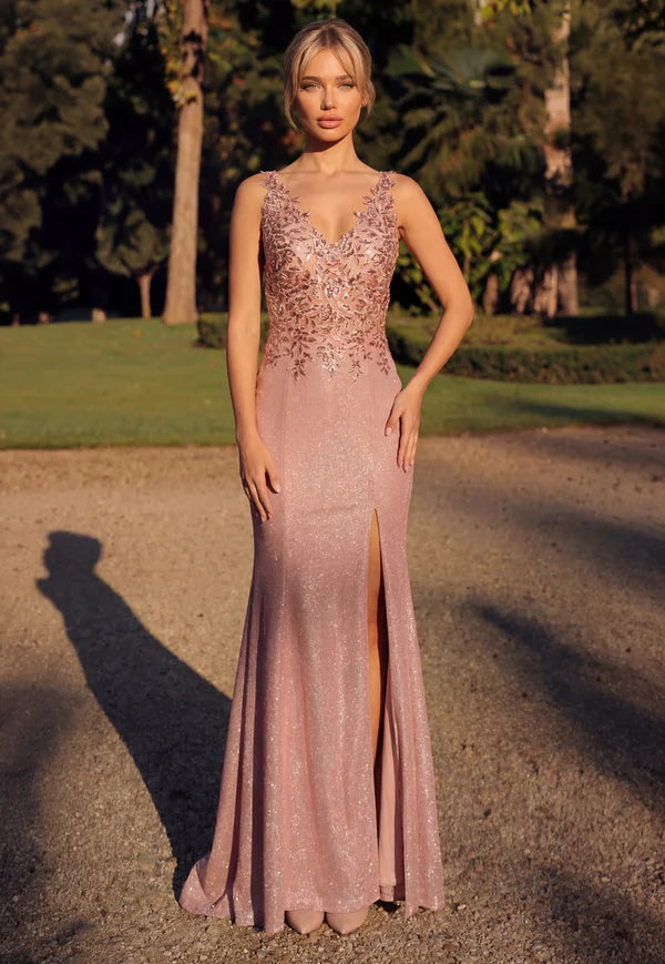 Sparkling Lace Applique Fitted VNeck Sleeveless High Slit Floor Length Mother of the Bride Dress